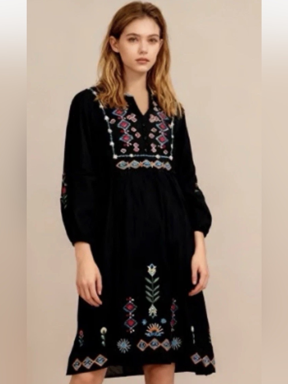 Johnny Was Black Embroidered Long-Sleeve Midi Dress Size S NWT